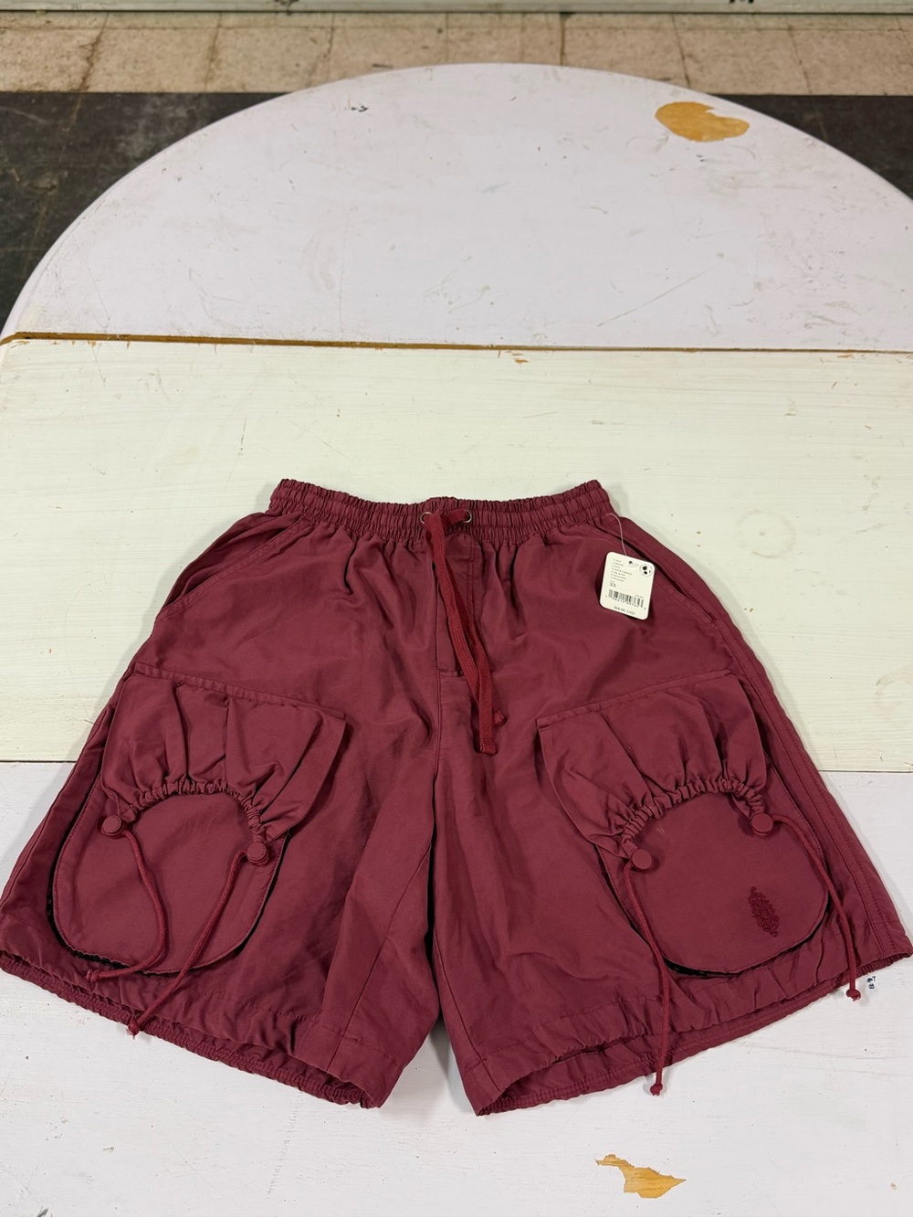 Free People Wine Drawstring Cargo Bermuda Shorts